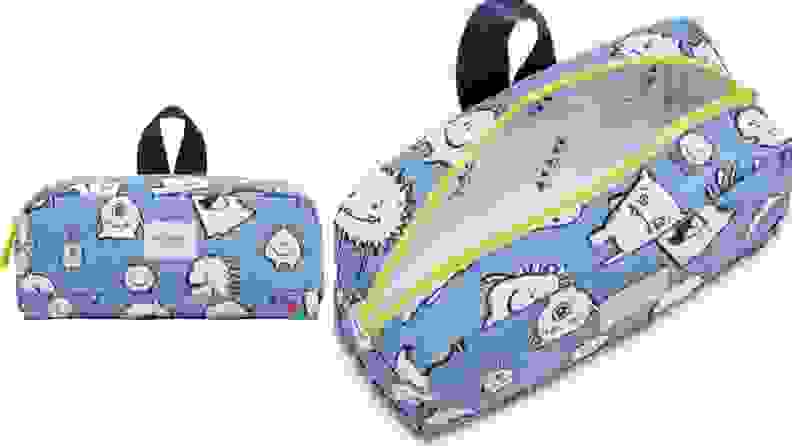 Two product shot of pastel blue and white monster-themed pencil case.