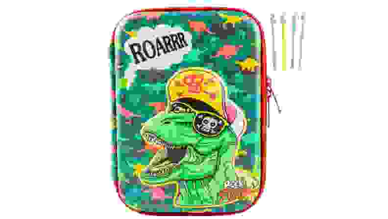 Green multi-colored dinosaur pencil case.