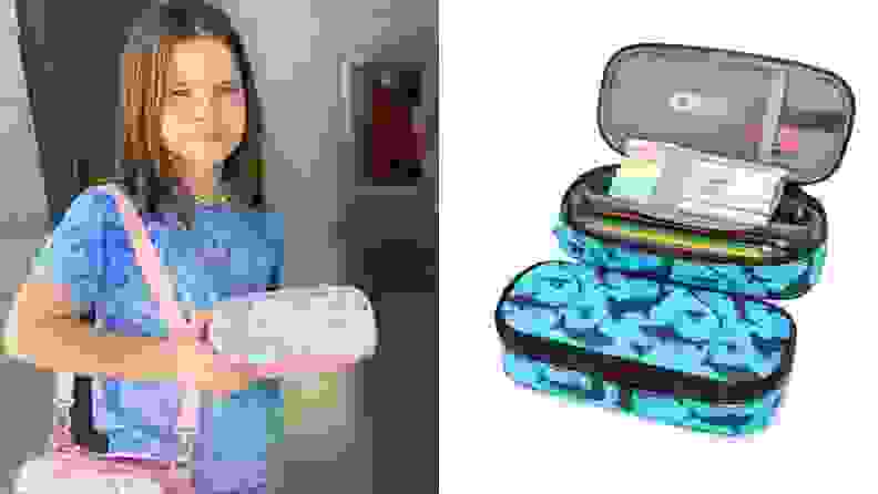On right, young child girl child smiling while holding multi-colored pencil case. On right, blue tie-dye pencil case.