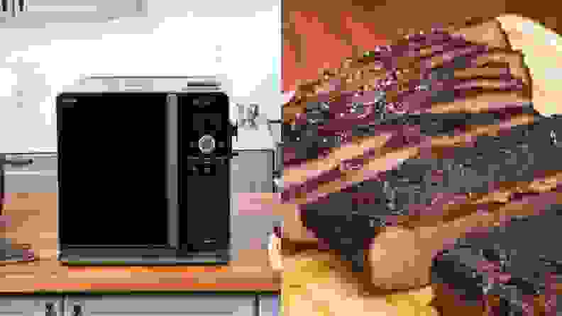 Left: Shot of the GE Profile smoker on a countertop Right: Close-up of sliced brisket
