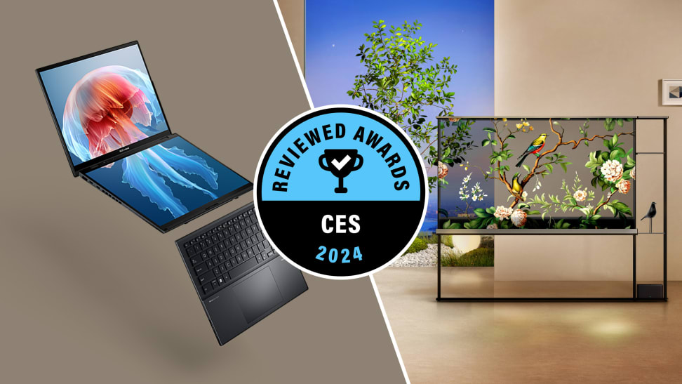 Side-by-side image of the Asus Zenbook Duo laptop and the LG OLED T TV with the circular Reviewed Awards CES 2024 logo at the center.