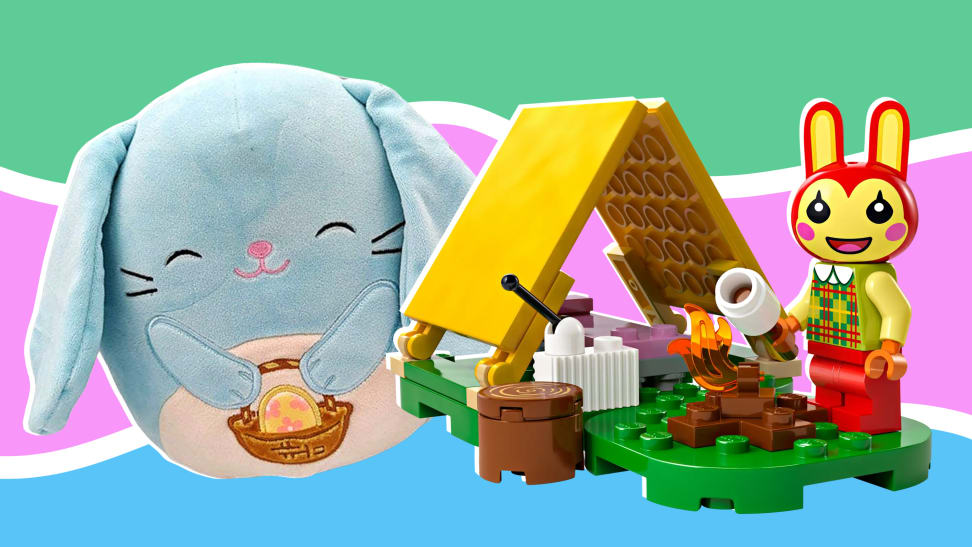 Bunny Squishmallow next to a spring Lego set against a pastel green, lavender, and blue background.