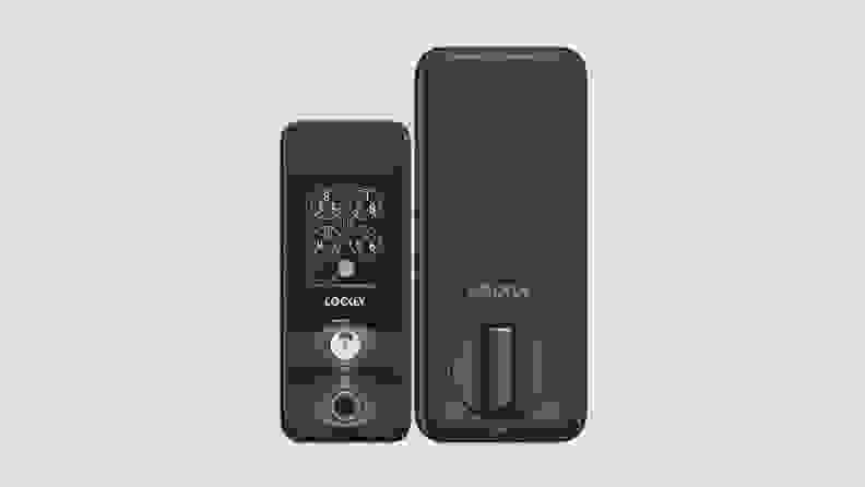 The Lockly Visage smart lock in black on a light blue background.
