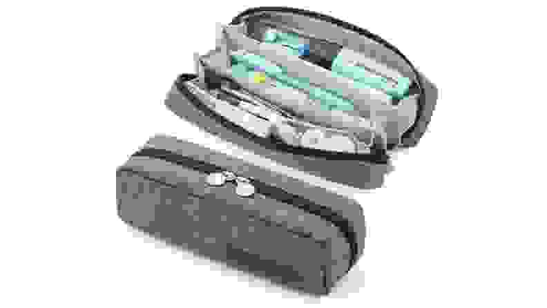 Product shots of gray zipper pencil pouch.