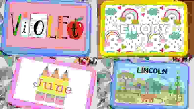 Four multi-colored pencil cases with the names "Violet," "Emory," June," and "Lincoln."