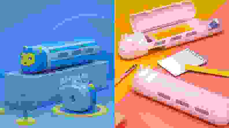 On left, blue themed pencil case. On right, pink themed pencil case.