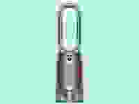 Close up of a Dyson air purifier against a green background.