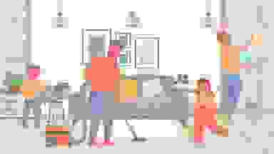 Illustration of family of 4, including 2 kids, cleaning a house