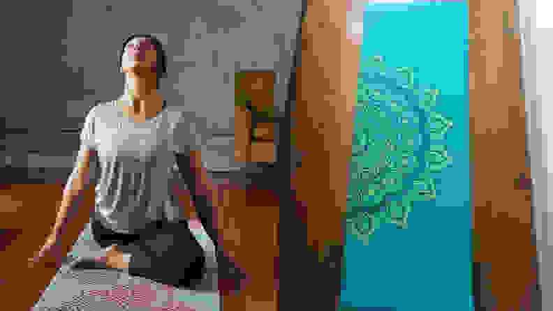 Left: woman practicing yoga on gaiam yoga mat. right: teal gaiam yoga mat on wooden floor.