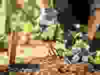 Someone is kneeling in a garden, wearing gardening gloves, and working at the soil with a gardening fork.