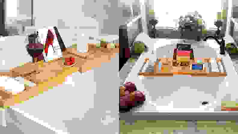 Two wooden bathtub caddy trays over bubble baths.