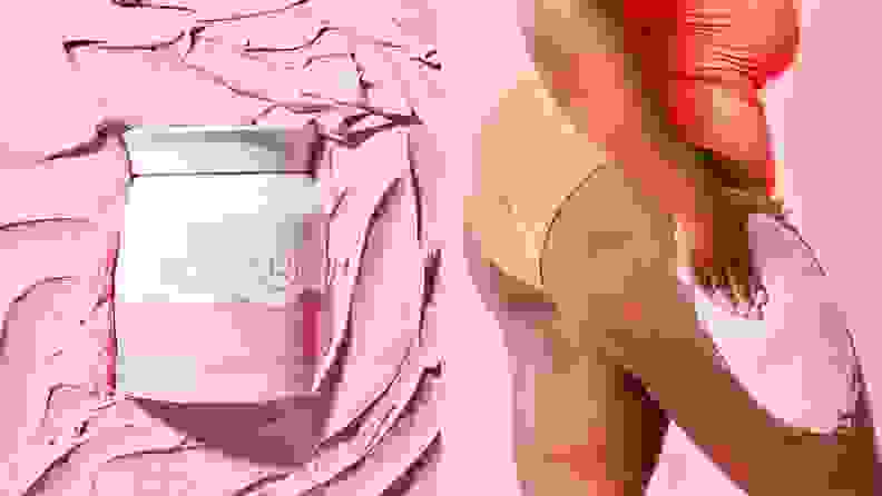 On left, pink body mask product container in front of pink background. On left, person in underwear using hand to smooth moisturizer into thigh.