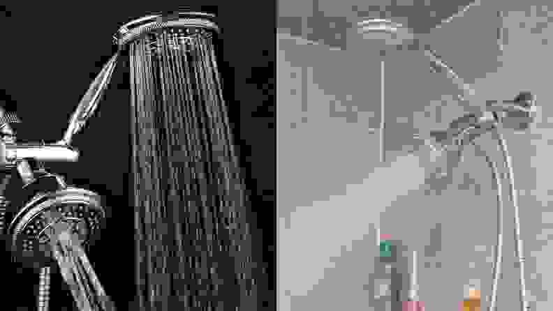 Two shower heads dispersing water in shower.
