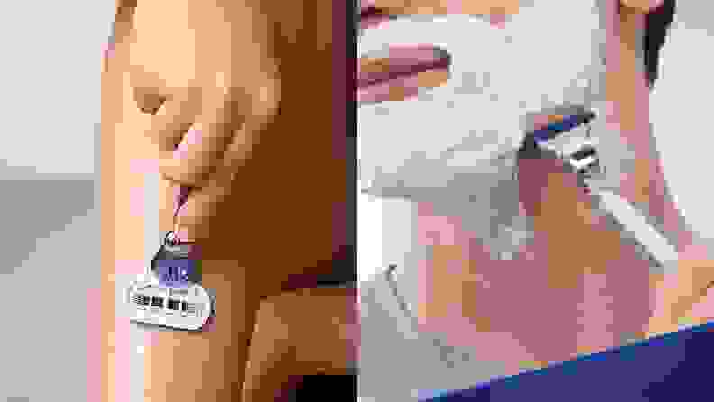 Person using razor to shave legs. On right, person using razor to shave face.