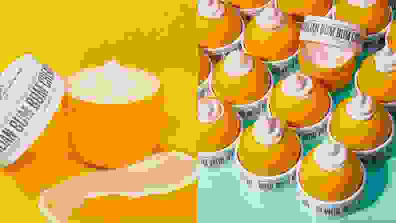 On left, yellow lemon shaped container holding moisturizer in front of yellow background. On right, multiple lemon shaped containers in front of yellow and blue backgrounds.