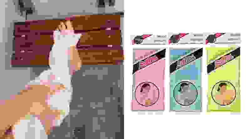 On left, person using cloth to wash legs in shower. On right, three multicolored packs of cloths.