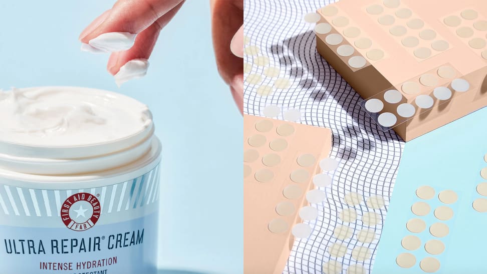 A photo of the First Aid Beauty Ultra Repair Cream Intense Hydration and the Peace Out Acne Healing Dots.