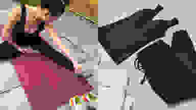 left: woman stretching on yoga mat right: knix luxelift tank and modal lounge pant