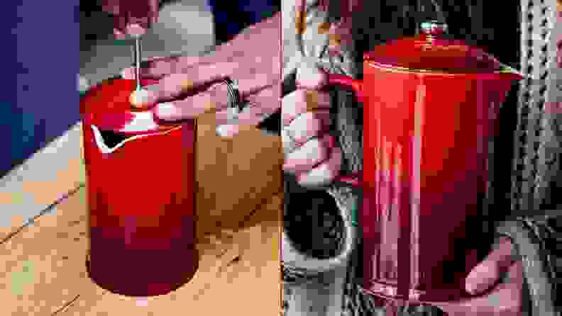 Two people holding the red stoneware Le Creuset French press