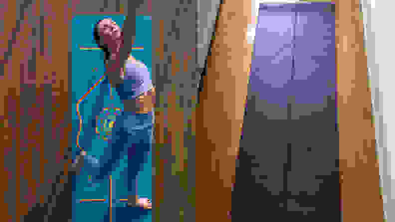 Left: Woman practicing yoga on blue liforme yoga mat. Right: Purple Liforme yoga mat wooden floor.