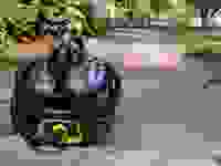 A black and yellow steam cleaner sits on a brick walkway out of doors and next to a green lawn