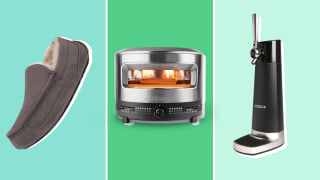 Some of the best gifts for men, including Ugg slippers, a Solo Stove Pizza Maker, and a beer dispenser appear on a multicolored background.