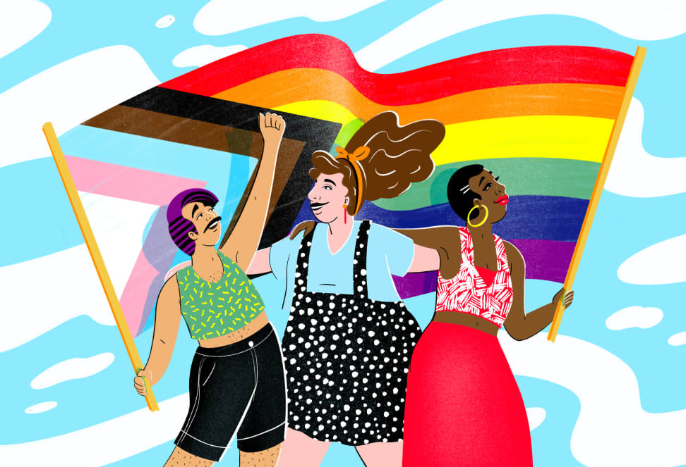 Graphic of three people wearing colorful outfits with the pride flag and trans visibility flag behind them