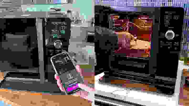 Left: Hand holding a phone showcasing the Smart HQ app connecting to the smoker. Right: probe thermometer inserted into a brisket sitting in the smoker
