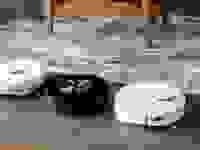 Three robot vacuum and mop hybrids lined up on a brown floor next to a rug.