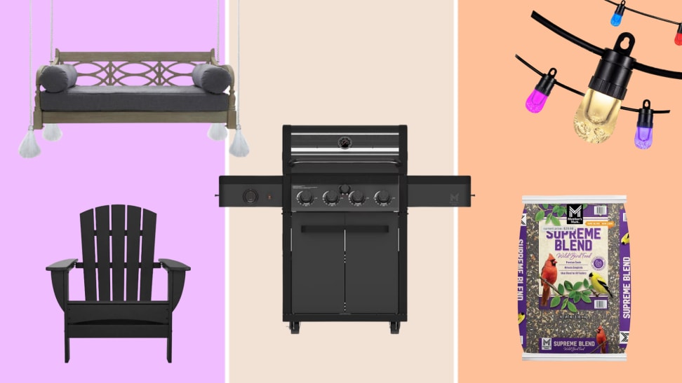 A collage of outdoor spring essentials, including a daybed swing, Adirondack chair, gas grill, string lights, and a bag of bird seed.