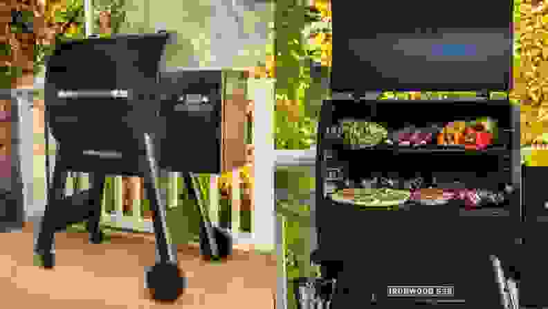 Left: Traeger grill closed with smoke emitting from it. Right: Traeger grill opened showing two shelves of grilling food.