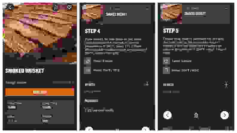 Three screenshots showcasing the guided Smoked Brisket recipe in the Traeger app