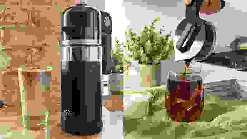 Left: Full Vinci cold brew carafe next to a glass of milky iced coffee. Right: carafe pouring cold brew into ice-filled glass