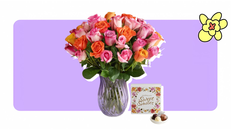 A bouquet of multicolored roses in a purple glass vase, paired with a box of chocolates labeled “Sweet Smiles,” set against a lavender background with a yellow flower illustration.