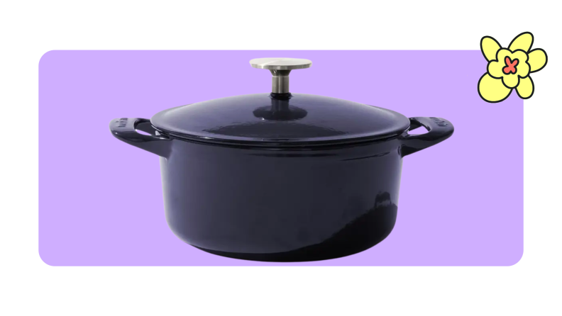 A Made In Round Enameled Cast Iron Dutch Oven in Harbour Blue color with lid on top.
