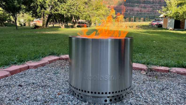 Close up of a lit Solo Stove Bonfire.