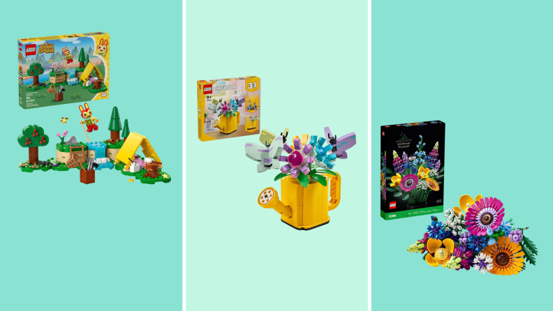 Three different Lego sets and their packages laid out diagonally in a cascading manner against teal backgrounds.