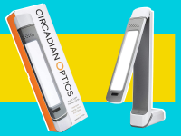 Product shots of the Circadian Optics Light Therapy Lamp in front of blue and yellow background.