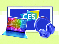 Collage of a laptop, a TV, and headphones on a green and white background