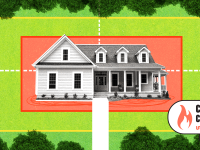 A white house surrounded by orange and green rectangles