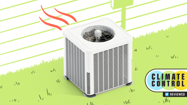 A cartoon heat pump on an illustration lawn against a house