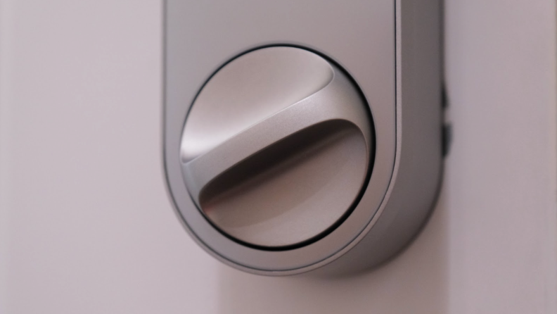 The silver Aqara U200 smart lock shown up-close