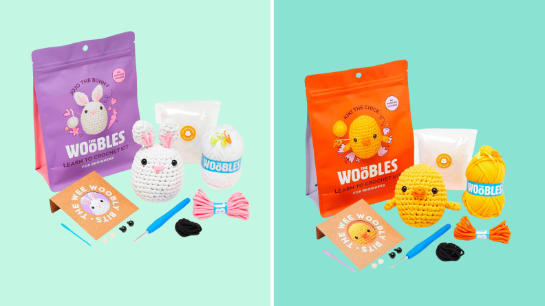 Side-by-side images of a crotchet bunny and chick surrounded by the materials used to make them.