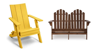 a modern, yellow Adirondack chair sits next to a pretty wood double Adirondack chair