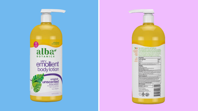 Front and rear view of a bottle of  the Alba Botanica Very Emollient Body Lotion.