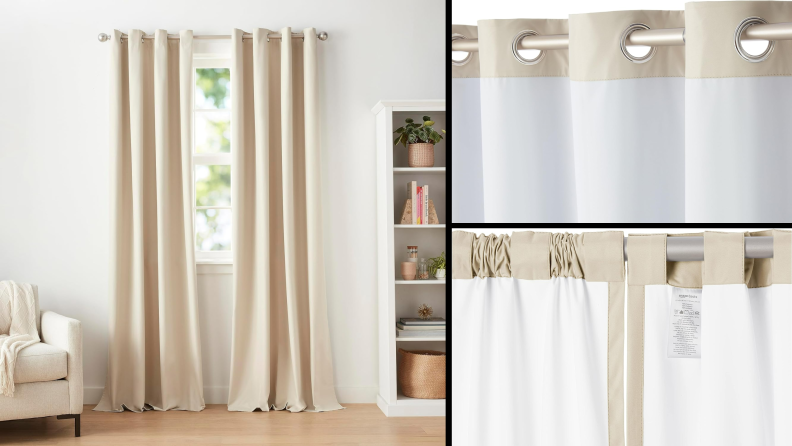 Amazon Basics Room Darkening Blackout Curtains, with details of grommets at top and back loops below.