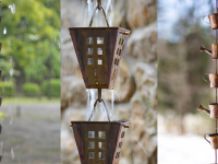 Three images of metal rain chains on porches.