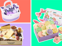 A Cheryl's cookie basket, a lavender spa basket, and a meats and cheese gift box