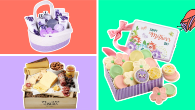 A Cheryl's cookie basket, a lavender spa basket, and a meats and cheese gift box