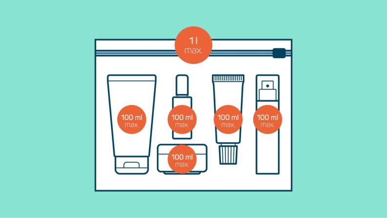 Diagram of a bag with the contents shown as various containers all under 100 milliliters.
